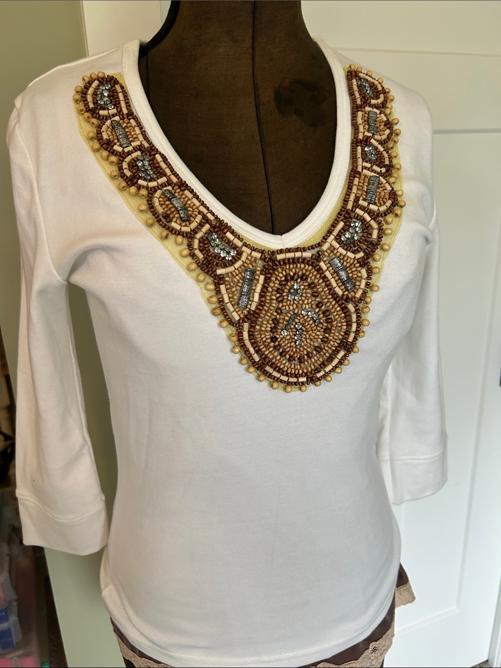 Tasha Polizzzi beaded low Vneck 3/4” sleeve white top size medium